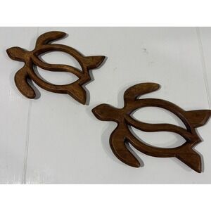 Tropical Wood Hawaiian Honu Sea  Turtle Wall Hangings 8"x6" Set Of 2